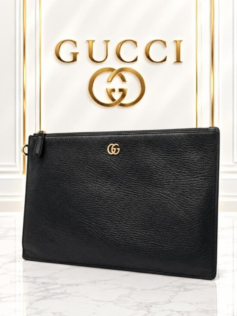 Authentic Gucci GG Marmont Black Leather Zip Pouch Clutch Wristlet Gold Logo